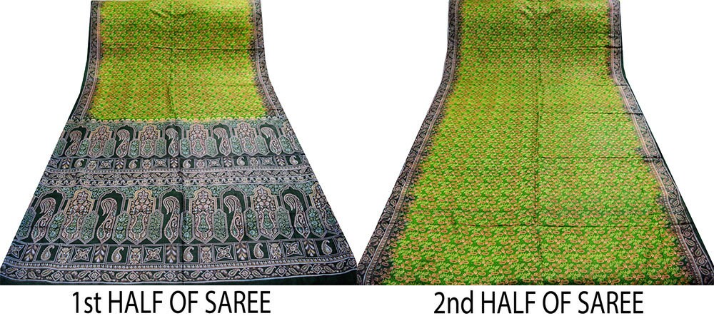 Indian Vintage Sari Black & Green 100% Pure Silk Printed Saree Fabric 5yard Sewing Craft DressMaking Soft Paisley