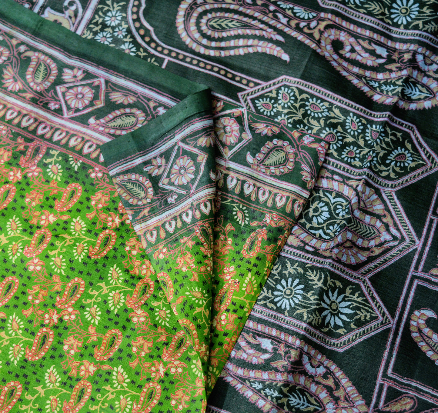 Indian Vintage Sari Black & Green 100% Pure Silk Printed Saree Fabric 5yard Sewing Craft DressMaking Soft Paisley