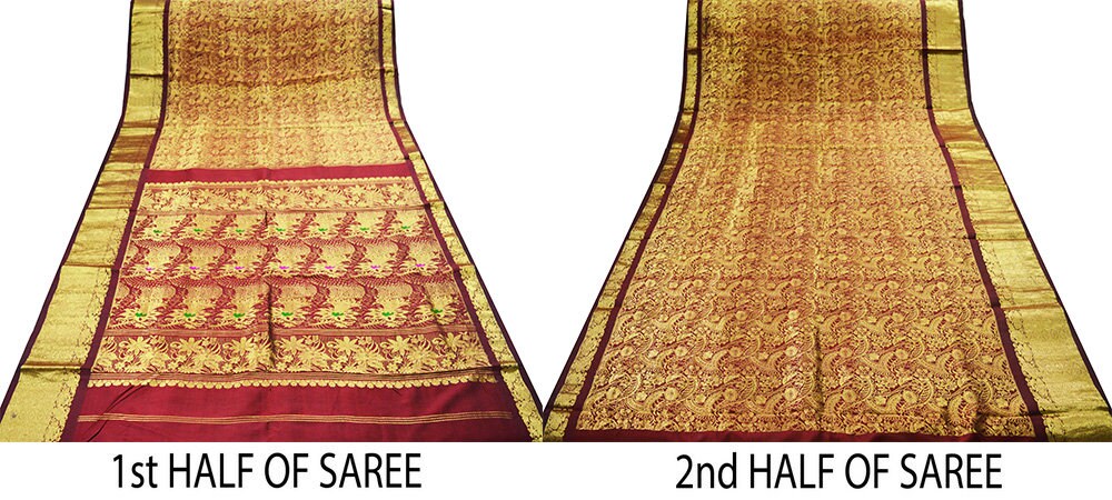 Indian Vintage Heavy Saree Maroon Hand Woven Kanjivaram 100% Pure Silk Indian Sari Fabric 5Yard Ethnic Zari Fringes