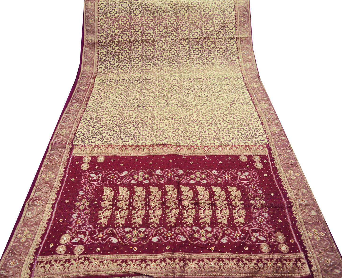 Indian Vintage Saree Beige & Maroon Pure Silk Hand Embroidered Ikkat Sari Indian Fabric 5Yard Craft Ethnic Zardozi/Dabka Zari