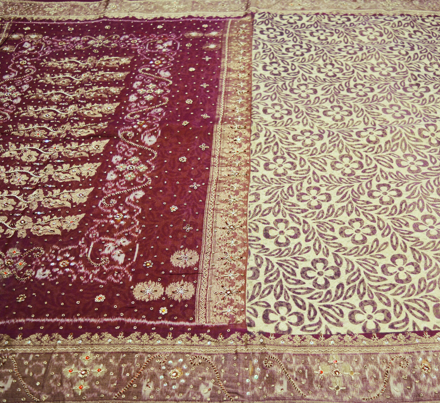 Indian Vintage Saree Beige & Maroon Pure Silk Hand Embroidered Ikkat Sari Indian Fabric 5Yard Craft Ethnic Zardozi/Dabka Zari