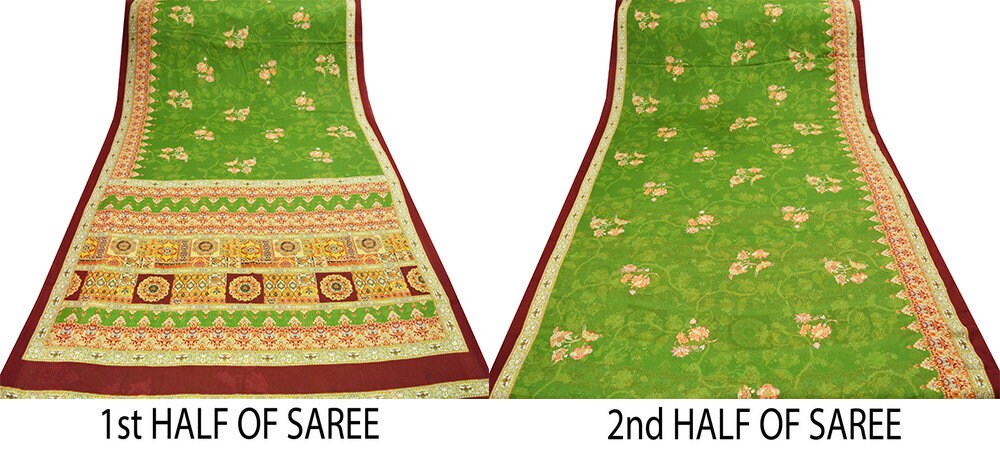 Vintage Sari Green Georgette Digital Printed Saree Sewing 6yard Craft Soft Crafting Dress Making