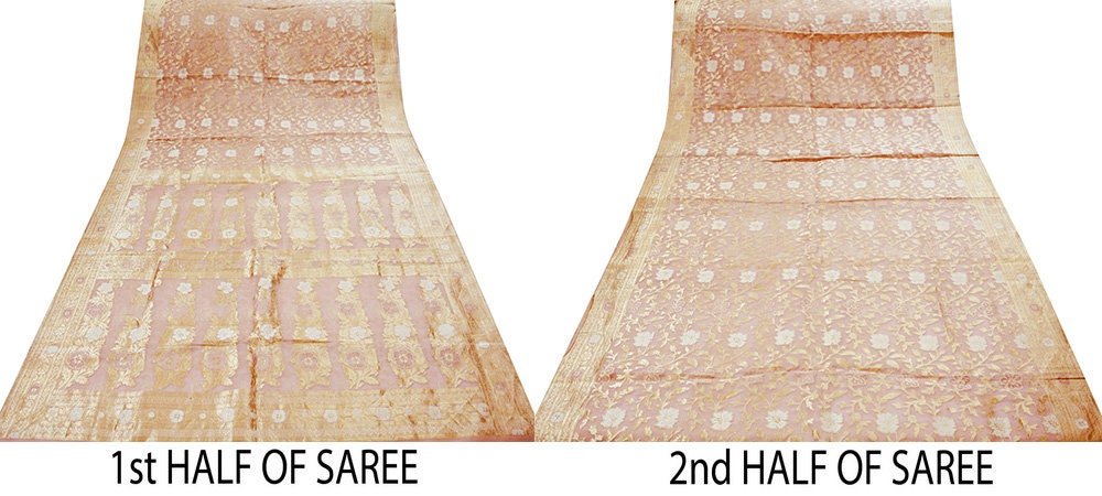 Indian Vintage Sari Pink Heavy Wedding Pure Organza Silk Woven Banarasi Brocade Saree Zari 5Yard