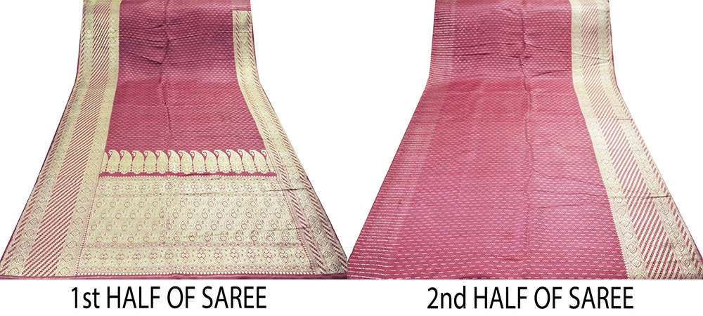 Indian Vintage Sari Pink Heavy Wedding Pure Satin Silk Woven Banarasi Brocade Saree Golden Zari 5Yard