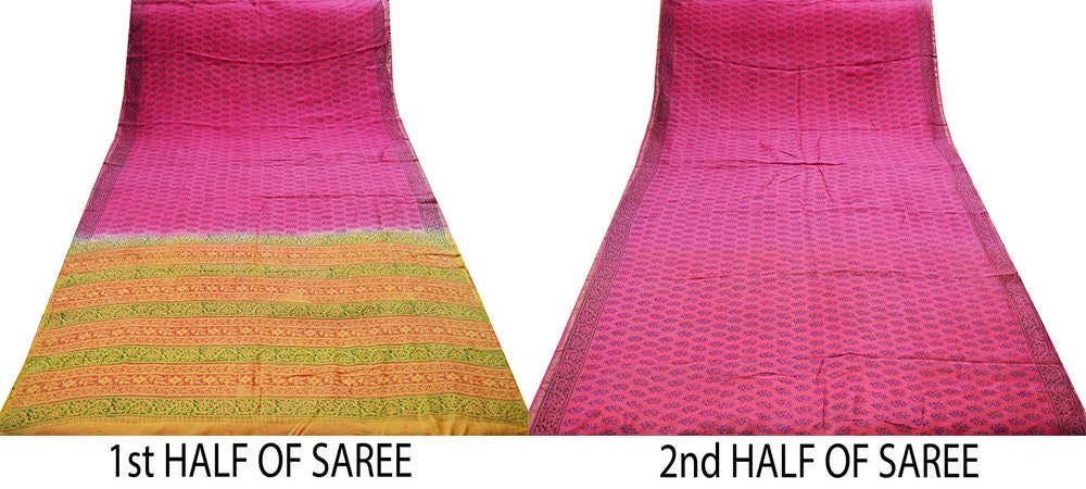Indian Vintage Sari Pink Block Printed Sari Pure chanderi Silk Saree Fabric 5Yard Floral Soft Golden Zari