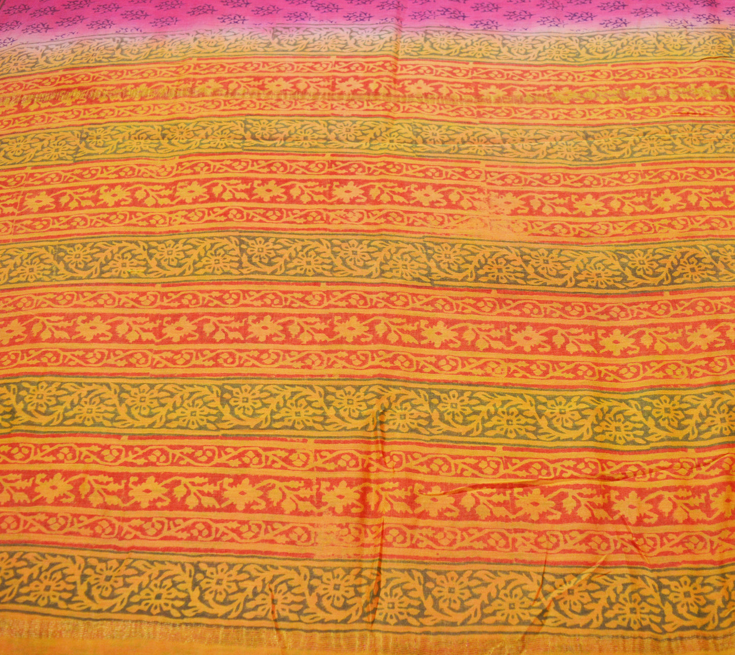 Indian Vintage Sari Pink Block Printed Sari Pure chanderi Silk Saree Fabric 5Yard Floral Soft Golden Zari