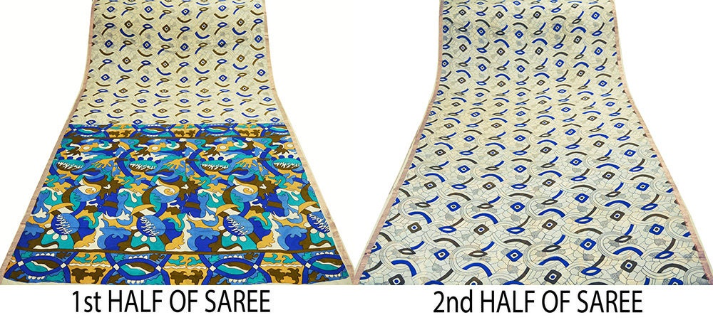 Indian Vintage Sari Ivory Pure Silk Printed Saree 5yard Sewing Craft Fabric DressMaking Soft Copper Zari
