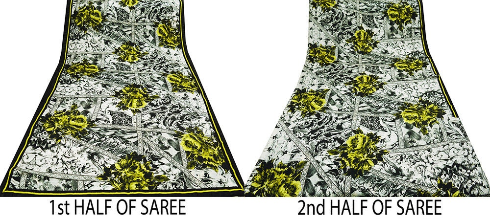 Indian Vintage Black & white Saree Pure Satin Silk Premium Digital Printed Indian Sari Fabric 5yard Sewing Abstract Soft Craft