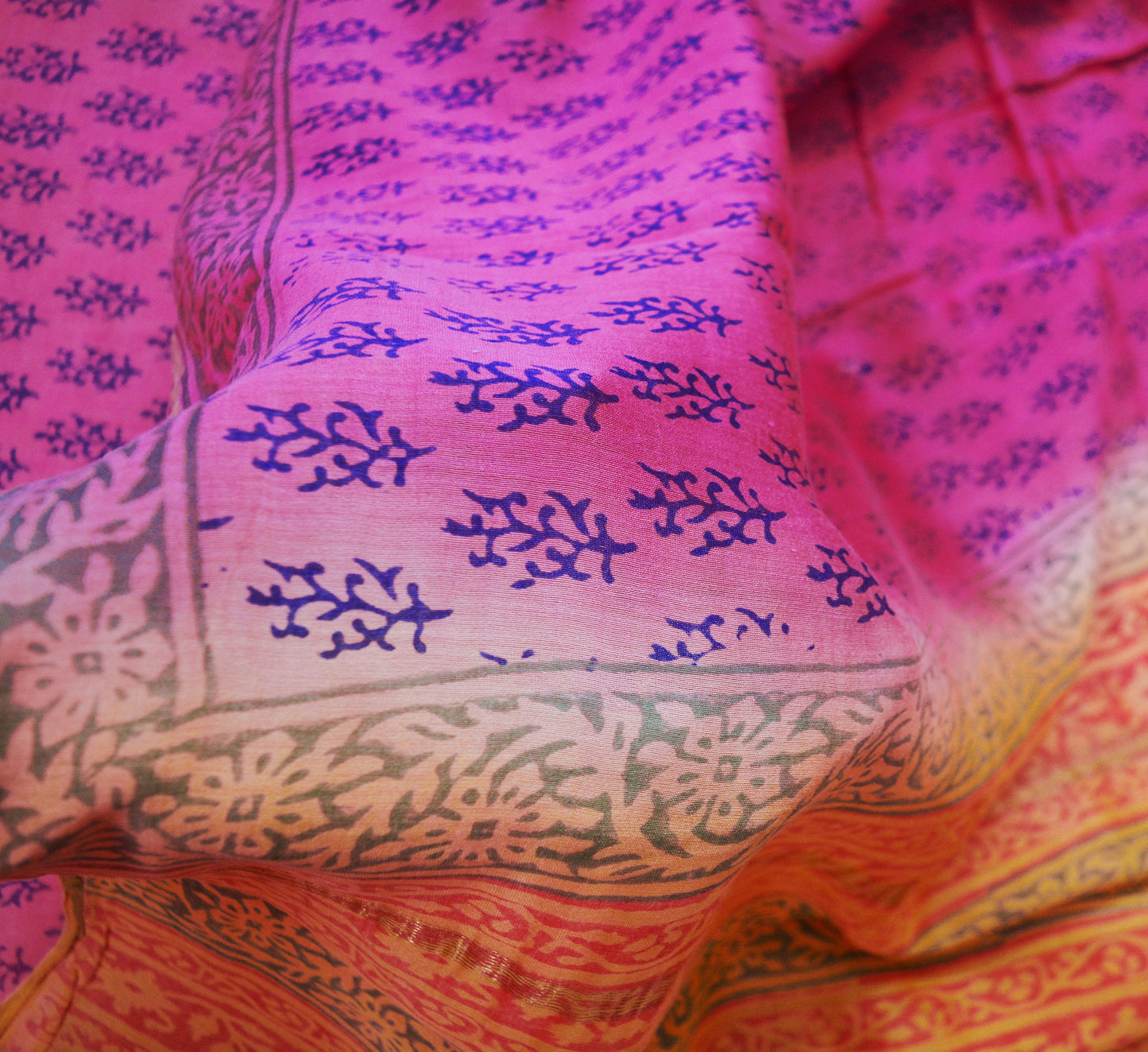 Indian Vintage Sari Pink Block Printed Sari Pure chanderi Silk Saree Fabric 5Yard Floral Soft Golden Zari