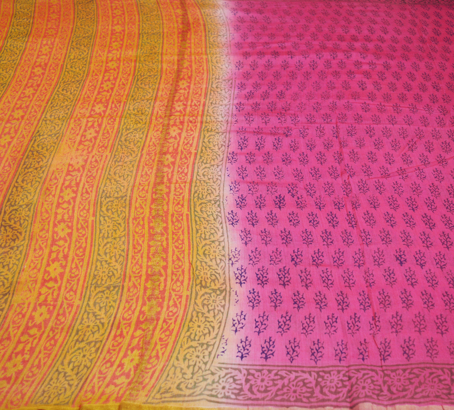 Indian Vintage Sari Pink Block Printed Sari Pure chanderi Silk Saree Fabric 5Yard Floral Soft Golden Zari