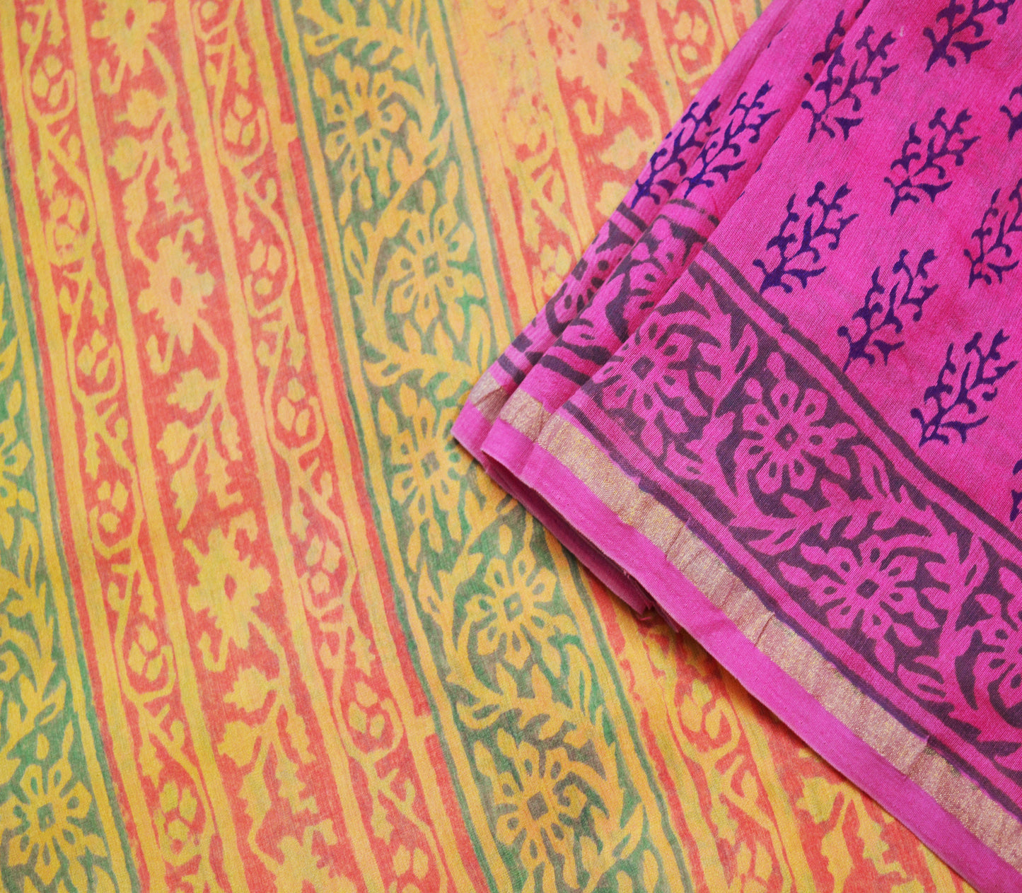 Indian Vintage Sari Pink Block Printed Sari Pure chanderi Silk Saree Fabric 5Yard Floral Soft Golden Zari