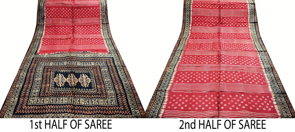 Indian Vintage Sari Black & Red Block Printed 5Yd Pure Silk Saree Fabric Floral Soft Dressmakig