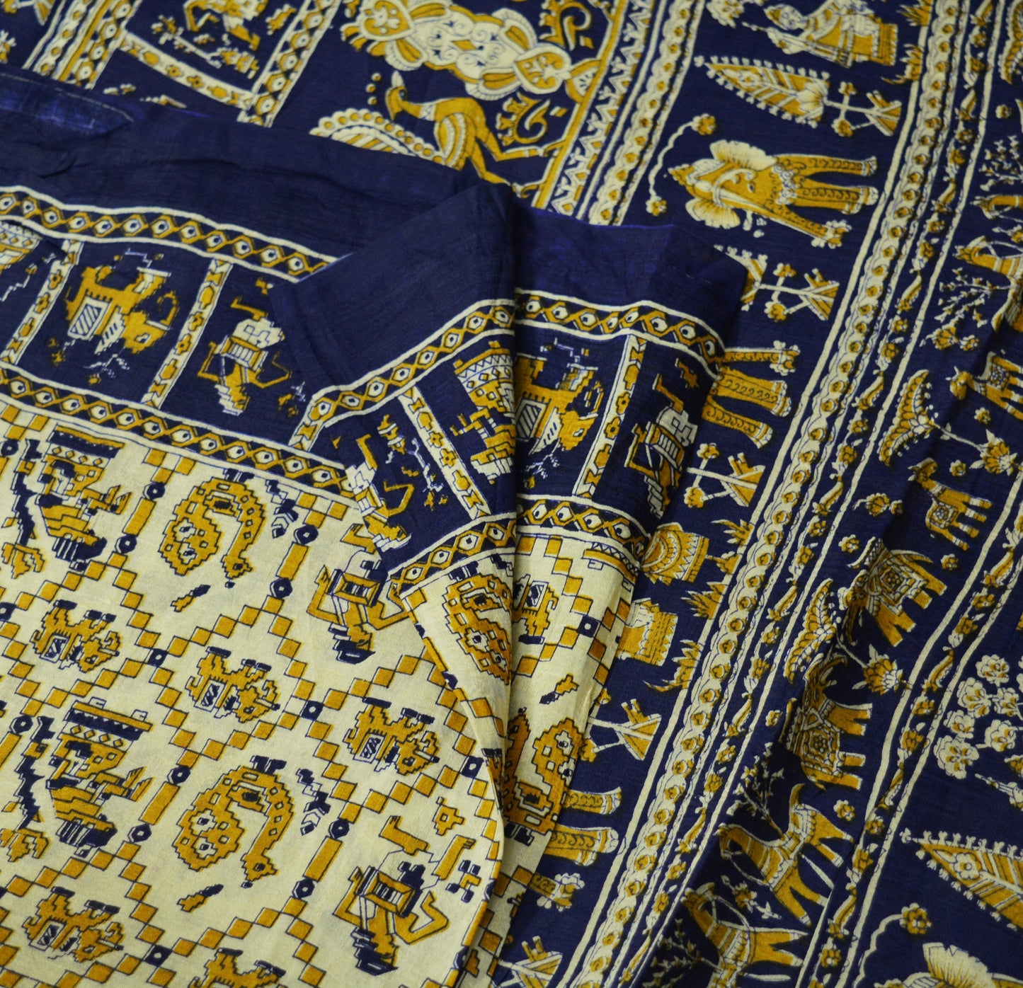 Indian Vintage Sari Blue & Ivory Printed Saree Pure Silk Craft Fabric 5Yard Floral Soft Elephant
