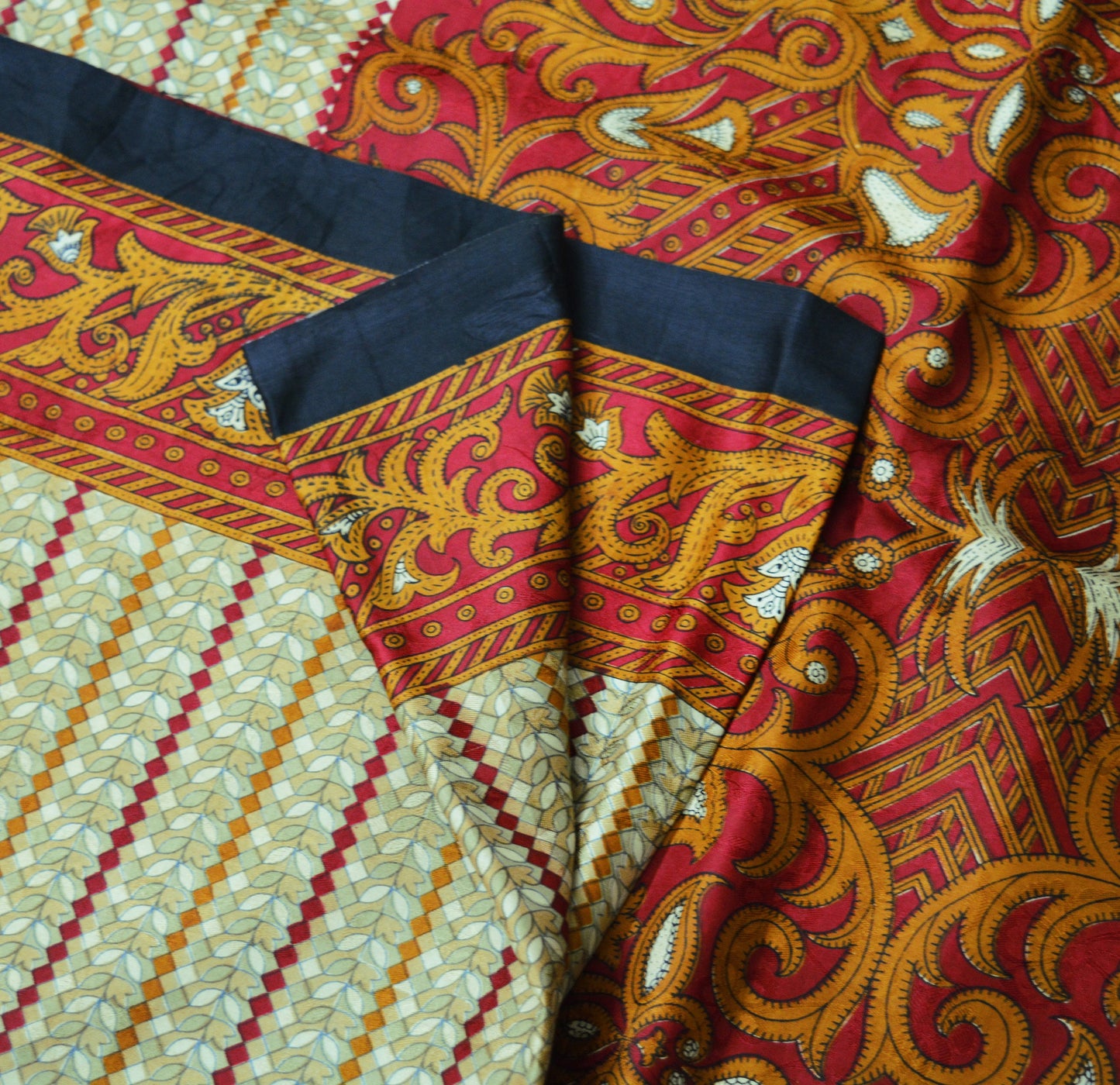 Indian Vintage Sari Red & Beige Pure Silk Printed Saree 5yard Sewing Craft Fabric DressMaking Soft Floral