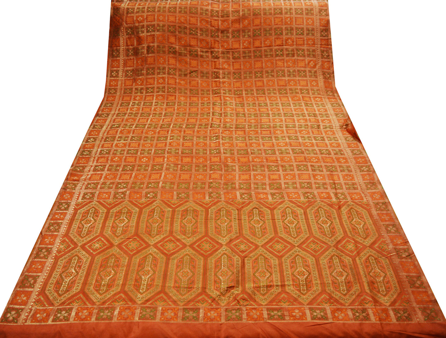 Indian Vintage Sari Orange Heavy Wedding Pure Silk Woven Banarasi Saree Zari 5Yard