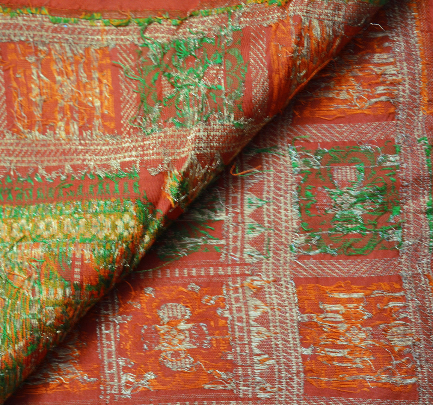 Indian Vintage Sari Orange Heavy Wedding Pure Silk Woven Banarasi Saree Zari 5Yard