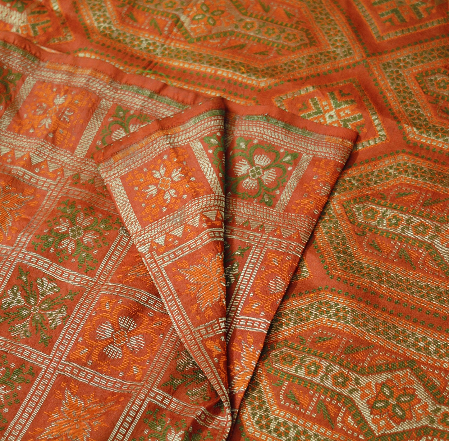 Indian Vintage Sari Orange Heavy Wedding Pure Silk Woven Banarasi Saree Zari 5Yard