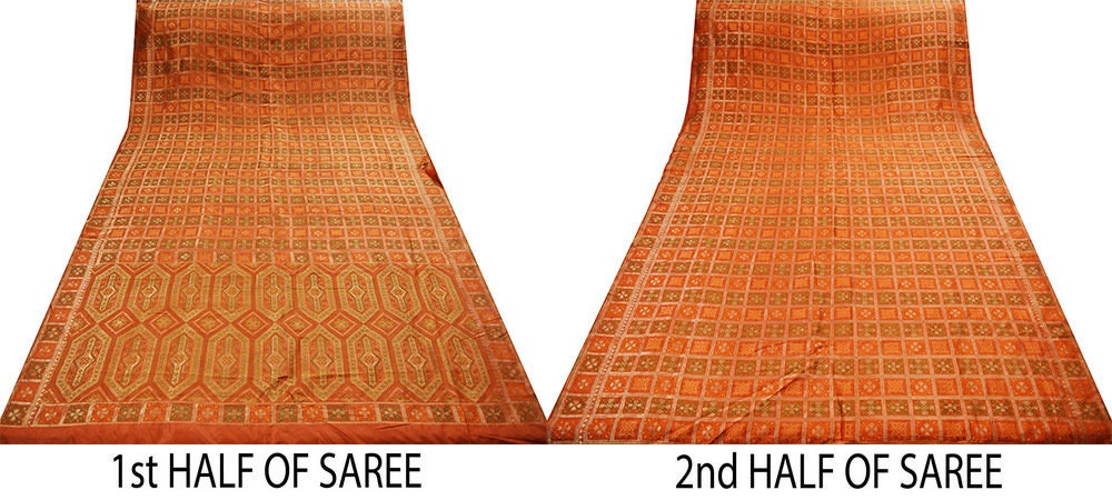 Indian Vintage Sari Orange Heavy Wedding Pure Silk Woven Banarasi Saree Zari 5Yard