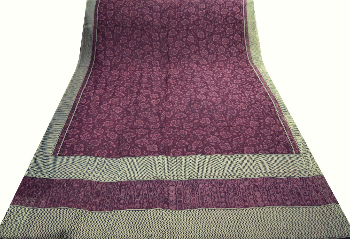 Women Vintage Sari Maroon & White Pure Chiffon Silk Printed Saree Craft Fabric Sewing 5Yd Soft Light Sari Dress Making Floral