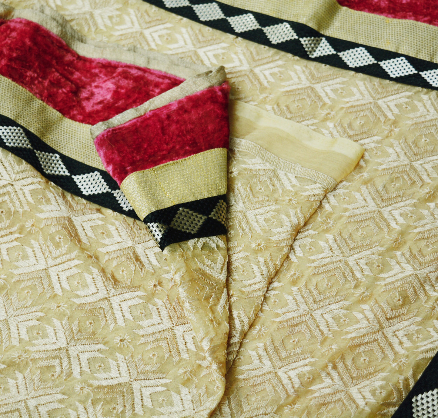 Indian Vintage Beige Sarees Chiffon Embroidered Bagh Phulkari Indian Sari Craft Fabric 5Yard Dress Making Sewing