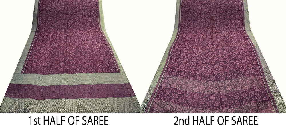Women Vintage Sari Maroon & White Pure Chiffon Silk Printed Saree Craft Fabric Sewing 5Yd Soft Light Sari Dress Making Floral