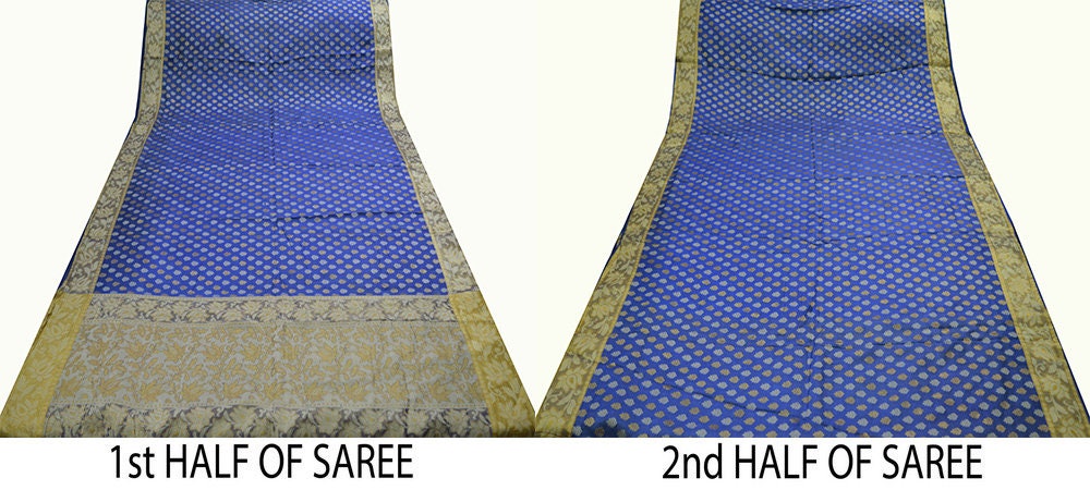 Indian Vintage Sari Blue Pure Tussar Silk Hand Woven Sarees Fabric 5Yard Sewing Ethnic Floral