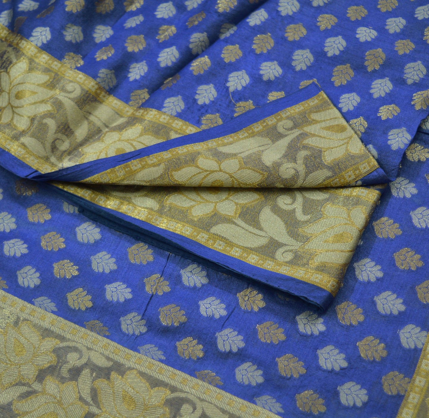 Indian Vintage Sari Blue Pure Tussar Silk Hand Woven Sarees Fabric 5Yard Sewing Ethnic Floral