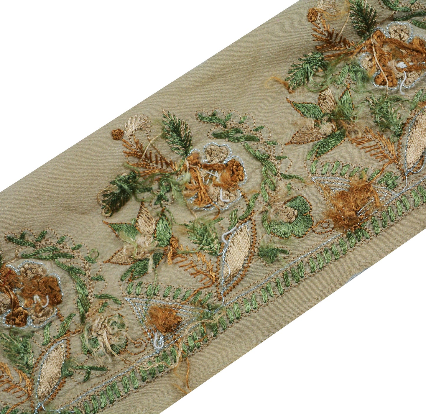 Indian Vintage Beige Sari Border Hand Embroidered Indian Craft Trim Lace Sewing Sari Ribbon Pure Crepe silk Zardozi/Dabka Zari