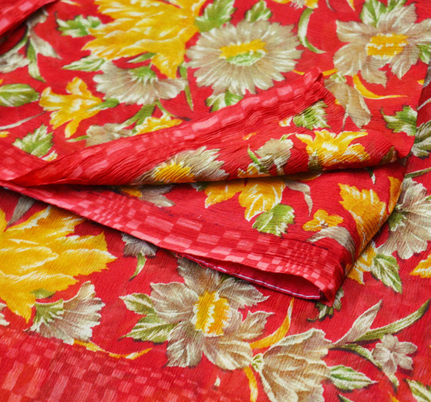 Women Vintage Sari Red Pure Chiffon Silk Printed Saree Craft Fabric Sewing 5Yard Soft Light Sari Dress Making Floral
