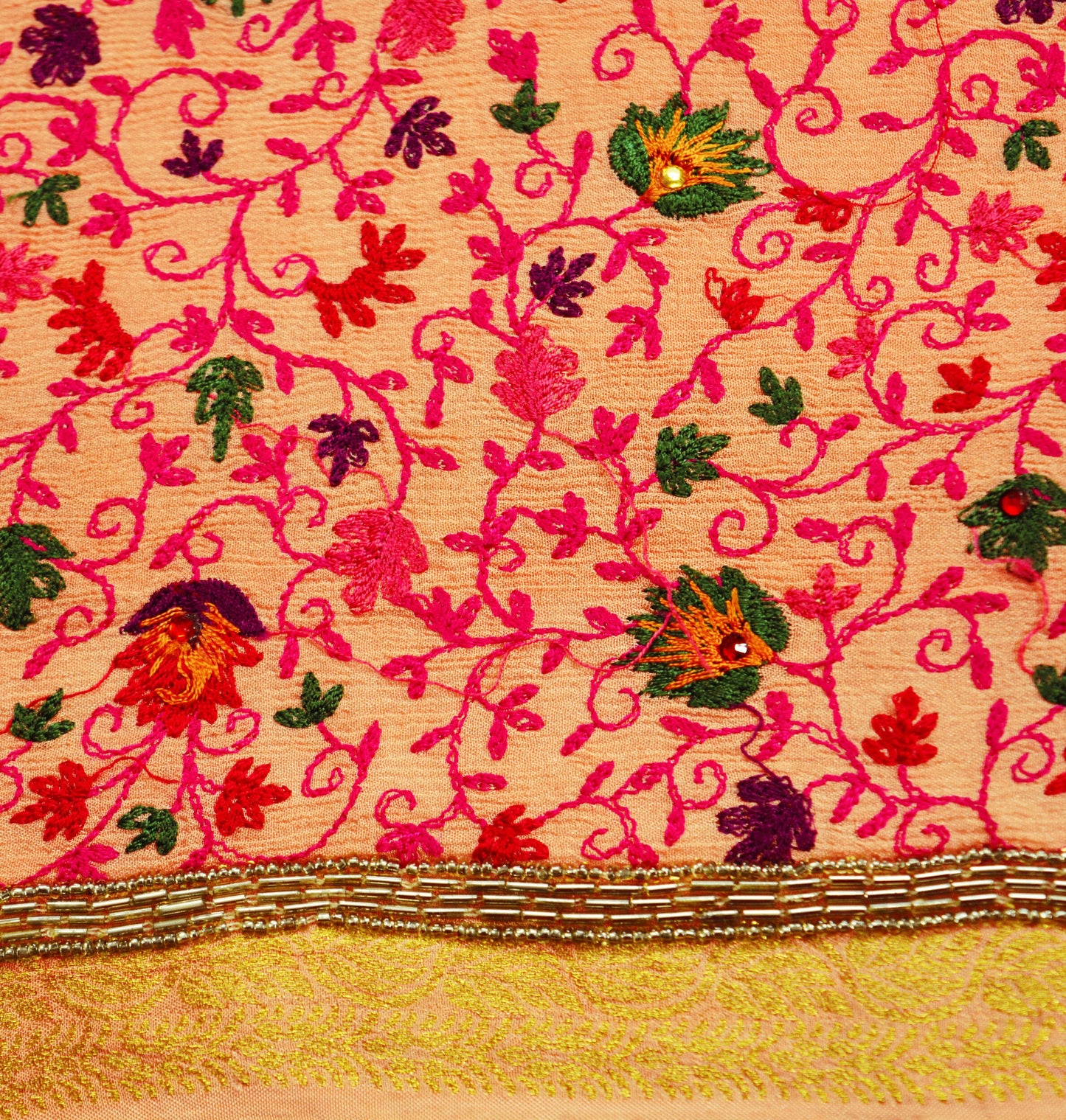 Indian Vintage Peach Saree Pure Crepe Silk Hand Embroidered Indian Sari Fabric 5yard Sewing Soft Craft Ethnic