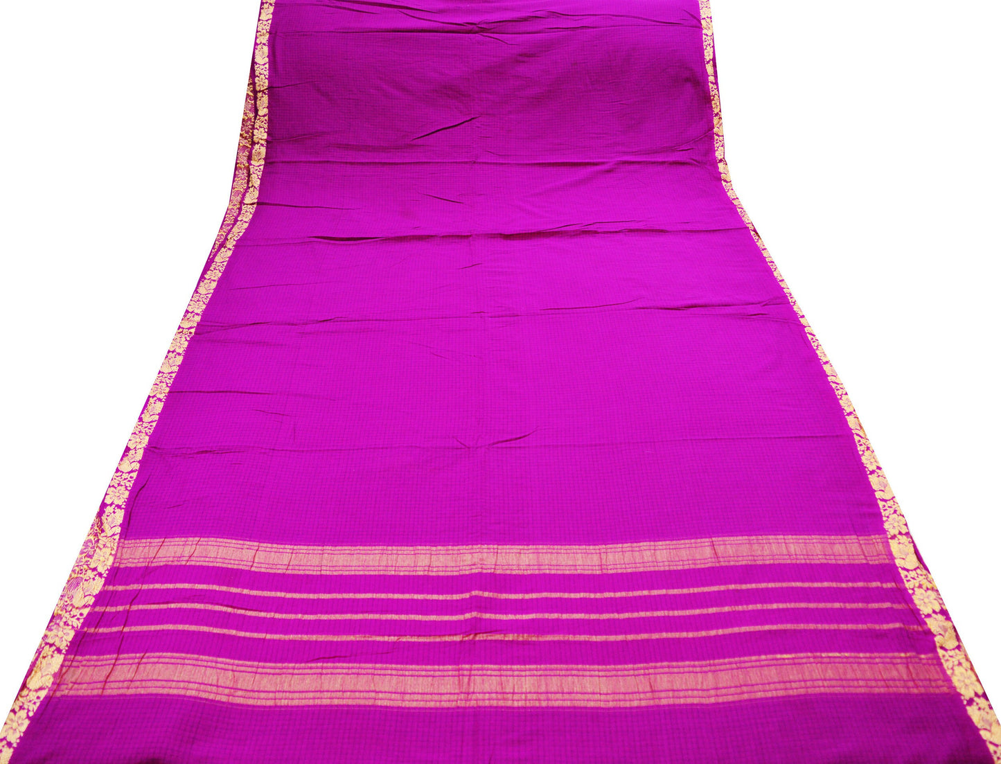 Vintage Sari Purple Pure Cotton Hand Woven Saree Golden Zari 5Yard Soft Floral Golden Zari