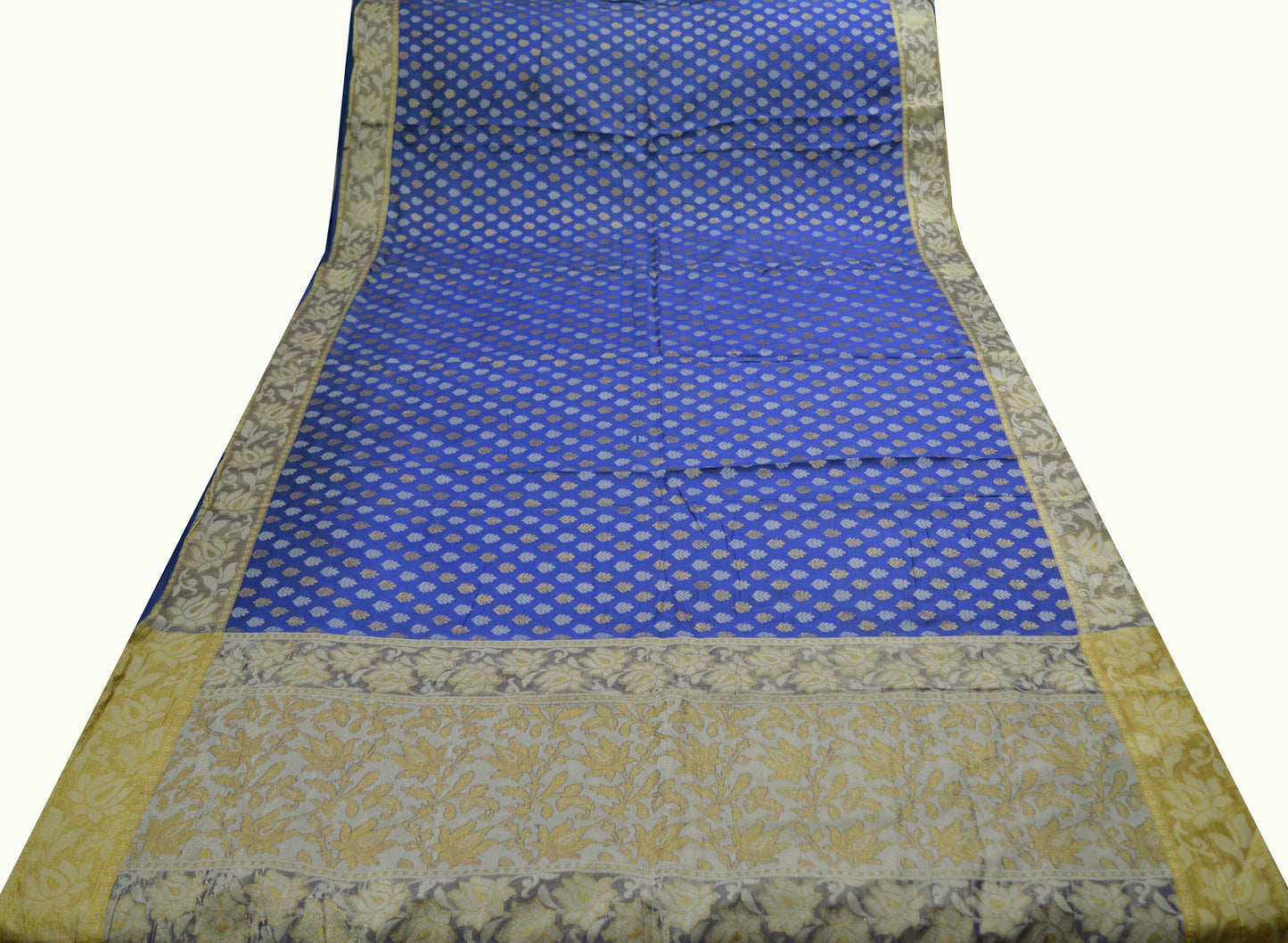 Indian Vintage Sari Blue Pure Tussar Silk Hand Woven Sarees Fabric 5Yard Sewing Ethnic Floral
