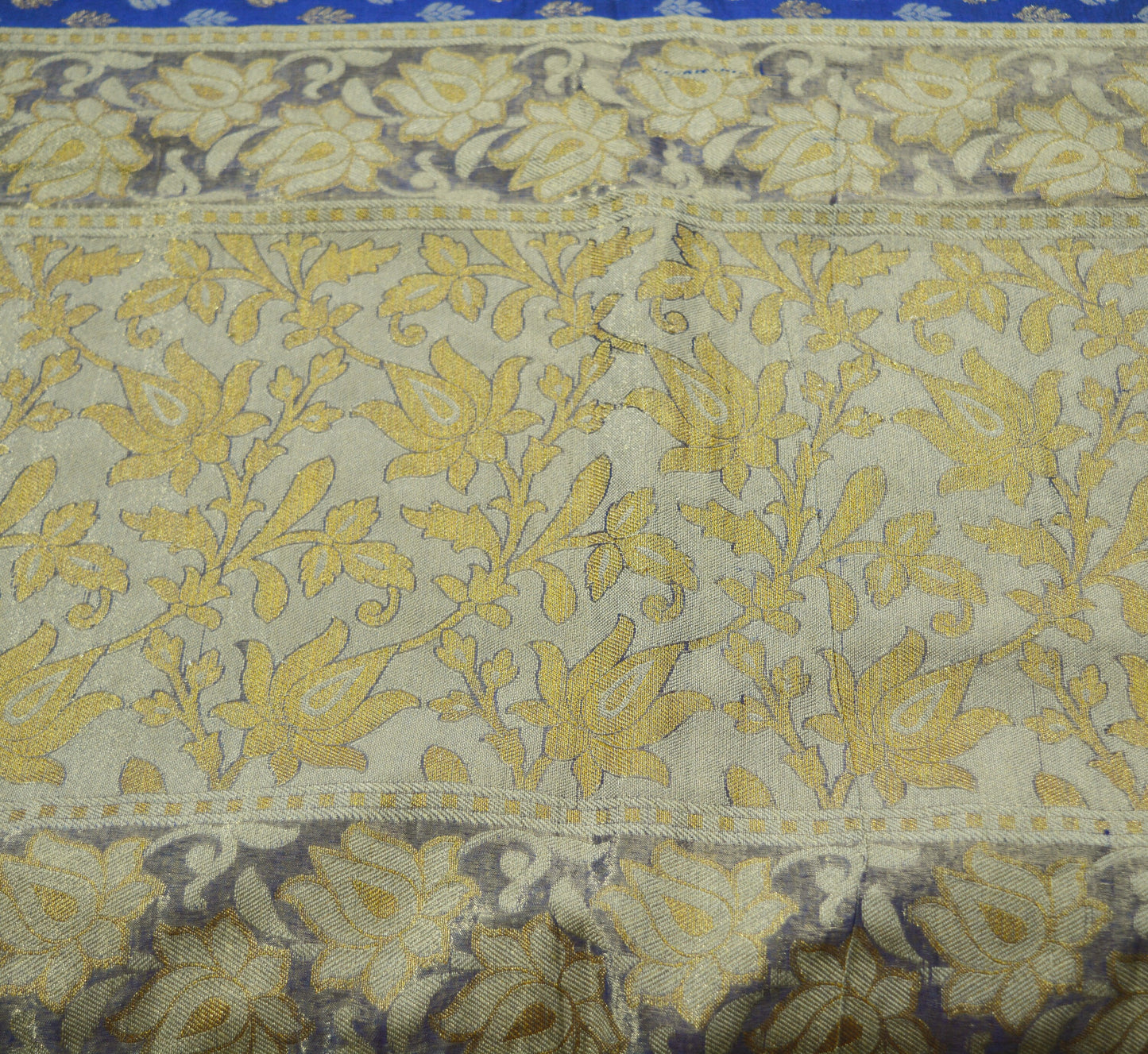 Indian Vintage Sari Blue Pure Tussar Silk Hand Woven Sarees Fabric 5Yard Sewing Ethnic Floral