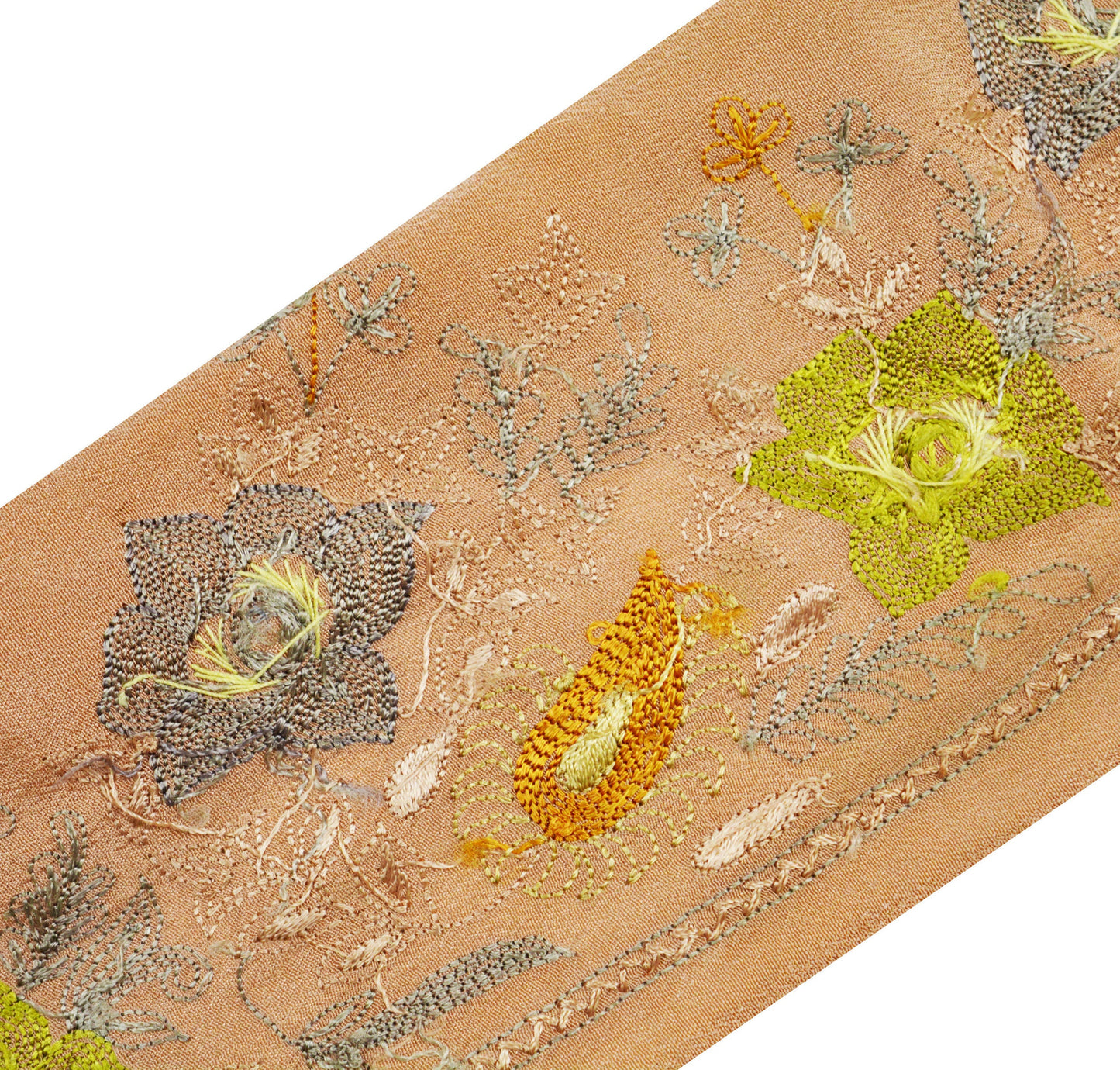 Indian Vintage Peach Sari Border Hand Embroidered Indian Craft Trim Lace Sewing Sari Ribbon Pure Crepe silk Zardozi/Dabka Zari