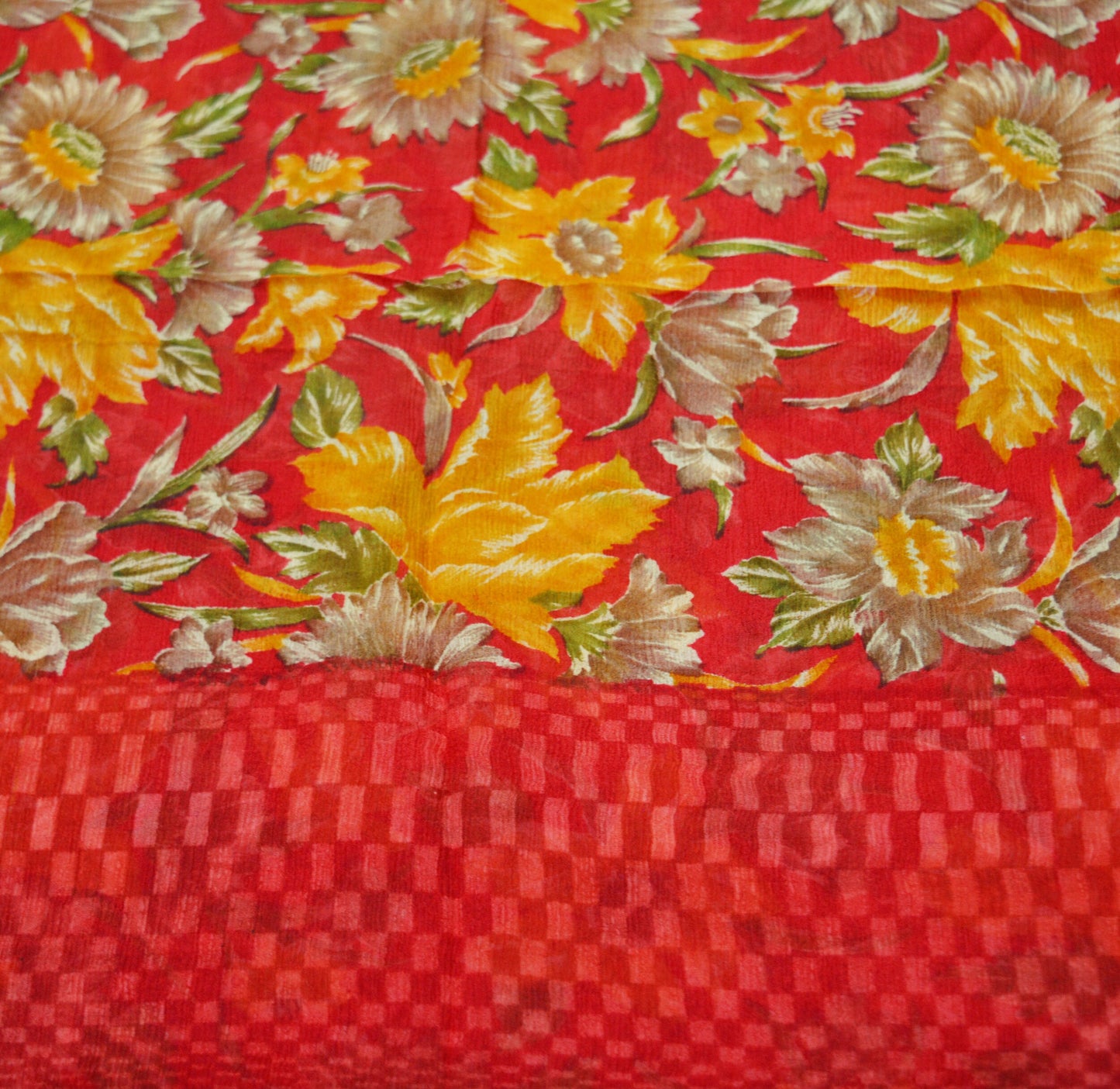 Women Vintage Sari Red Pure Chiffon Silk Printed Saree Craft Fabric Sewing 5Yard Soft Light Sari Dress Making Floral