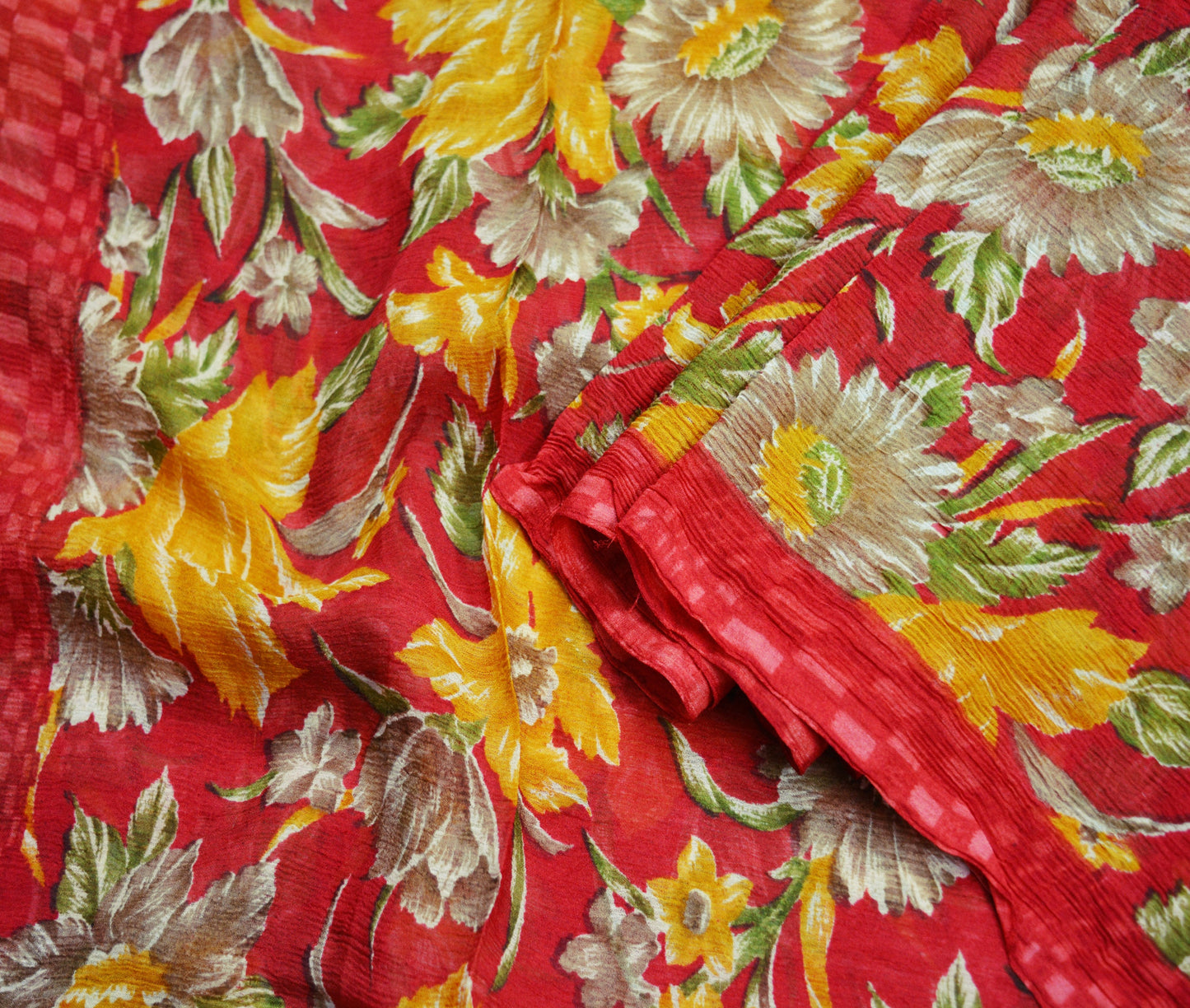 Women Vintage Sari Red Pure Chiffon Silk Printed Saree Craft Fabric Sewing 5Yard Soft Light Sari Dress Making Floral