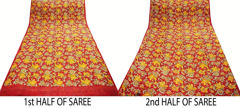 Women Vintage Sari Red Pure Chiffon Silk Printed Saree Craft Fabric Sewing 5Yard Soft Light Sari Dress Making Floral