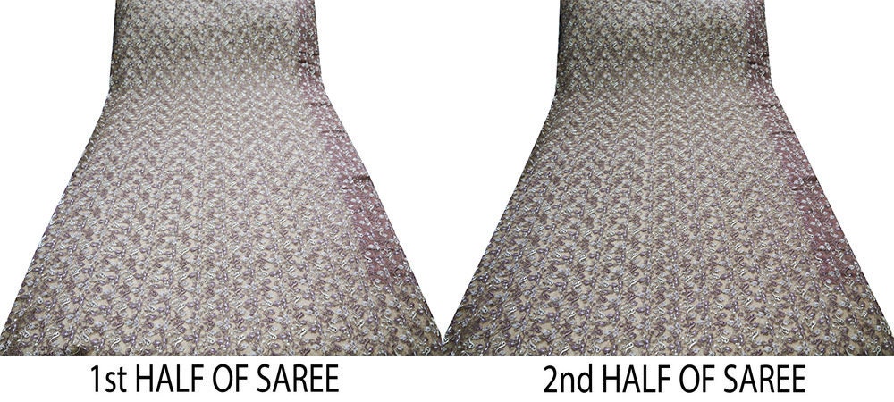 Indian Vintage Brown Saree Net/Mesh Embroidered Indian Sari Craft Fabric Floral 5Yd Zari Thread