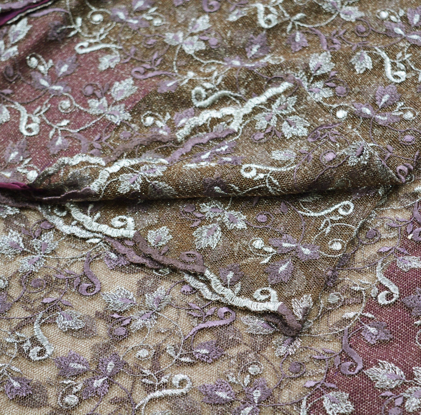 Indian Vintage Brown Saree Net/Mesh Embroidered Indian Sari Craft Fabric Floral 5Yd Zari Thread