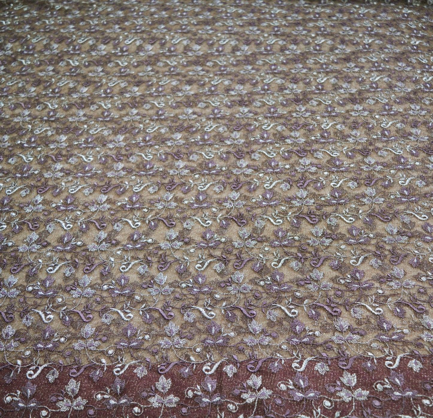 Indian Vintage Brown Saree Net/Mesh Embroidered Indian Sari Craft Fabric Floral 5Yd Zari Thread