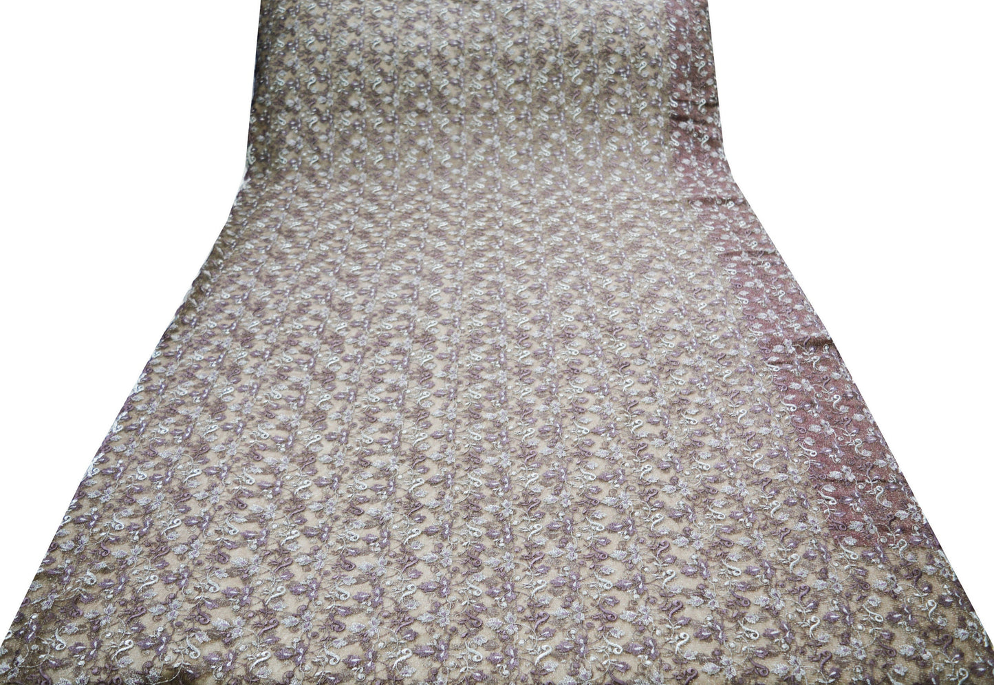 Indian Vintage Brown Saree Net/Mesh Embroidered Indian Sari Craft Fabric Floral 5Yd Zari Thread