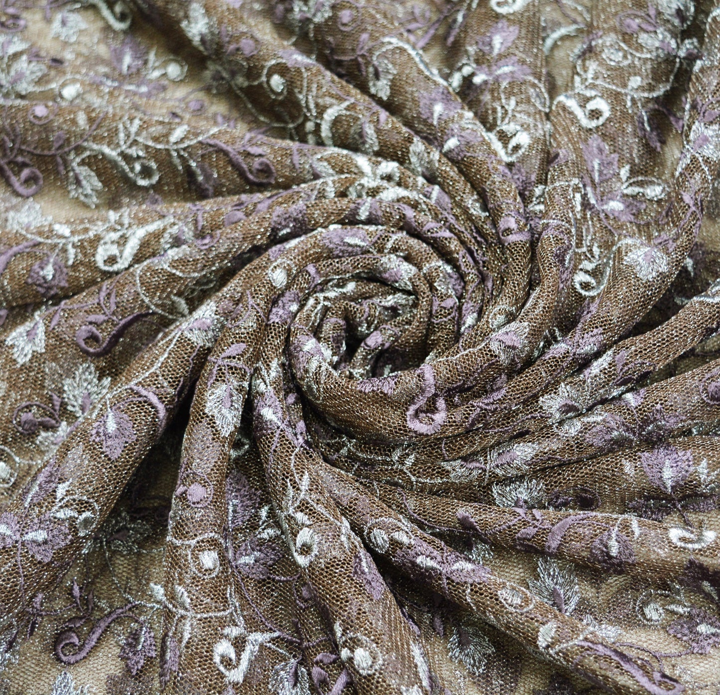 Indian Vintage Brown Saree Net/Mesh Embroidered Indian Sari Craft Fabric Floral 5Yd Zari Thread