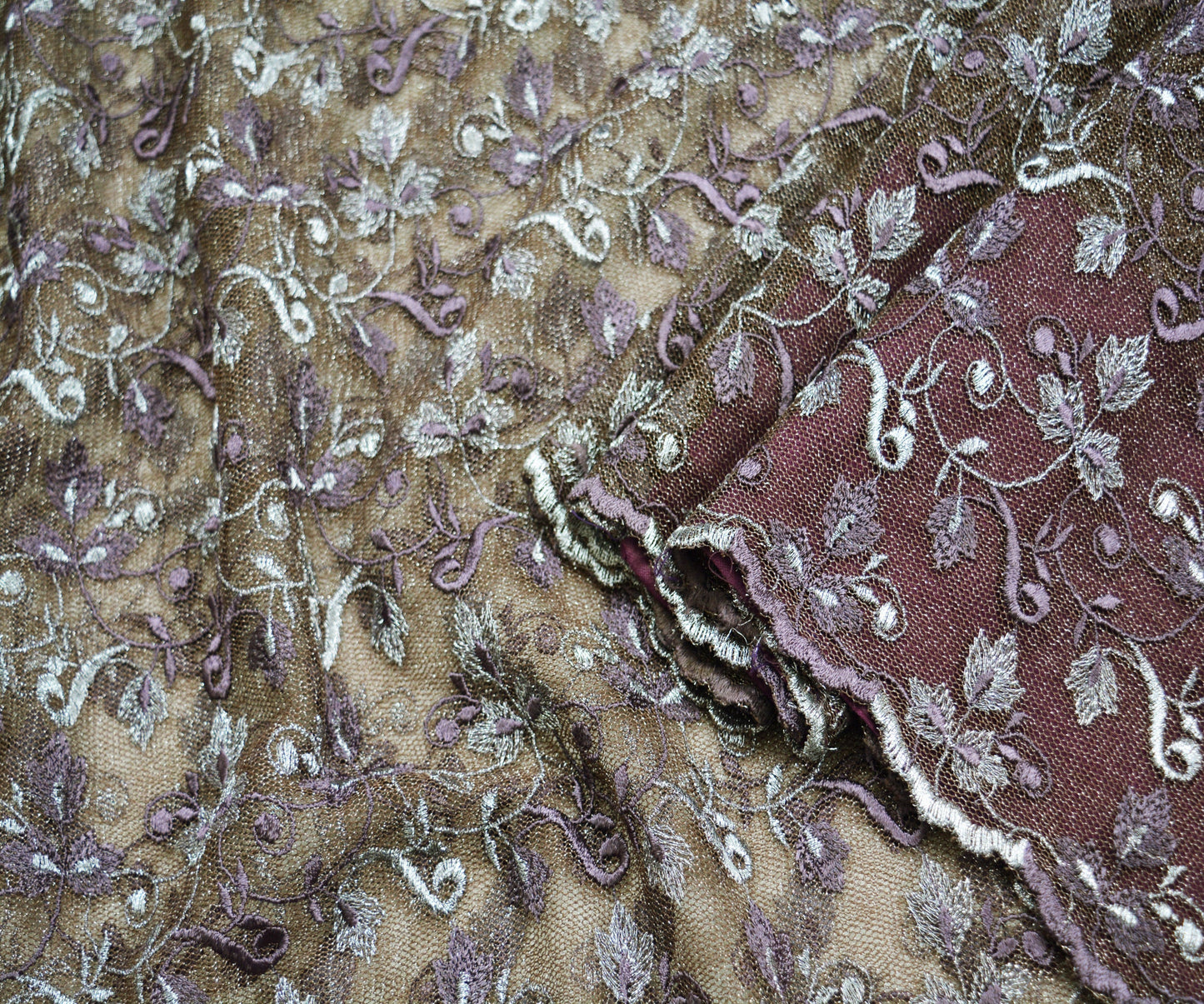Indian Vintage Brown Saree Net/Mesh Embroidered Indian Sari Craft Fabric Floral 5Yd Zari Thread