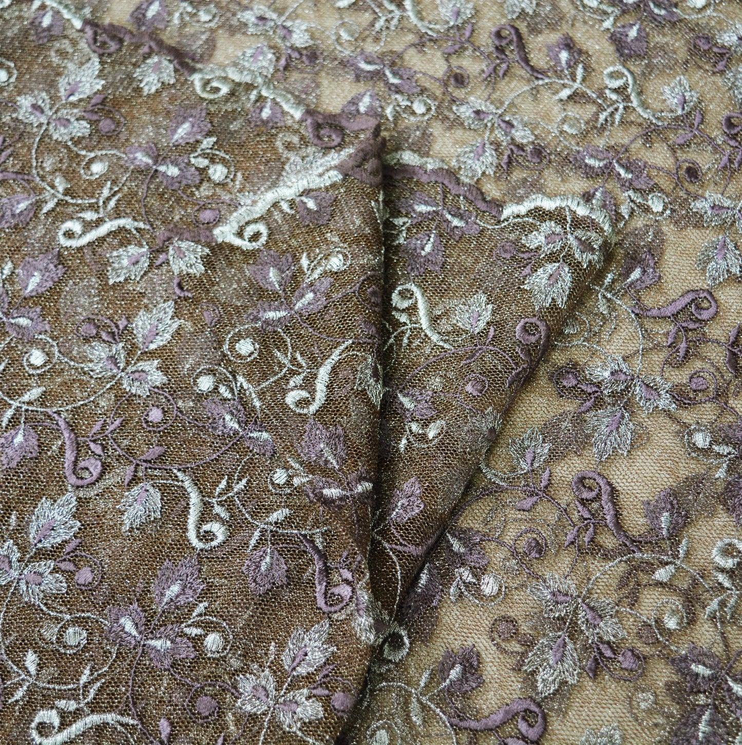 Indian Vintage Brown Saree Net/Mesh Embroidered Indian Sari Craft Fabric Floral 5Yd Zari Thread