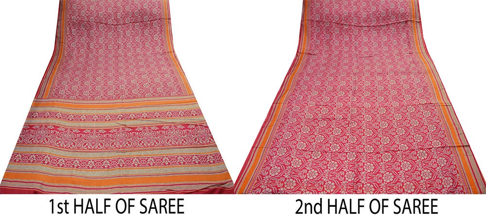 Indian Vintage Sari Red Pure Silk Printed Saree Craft Fabric 5yard Sewing DressMaking Soft Floral