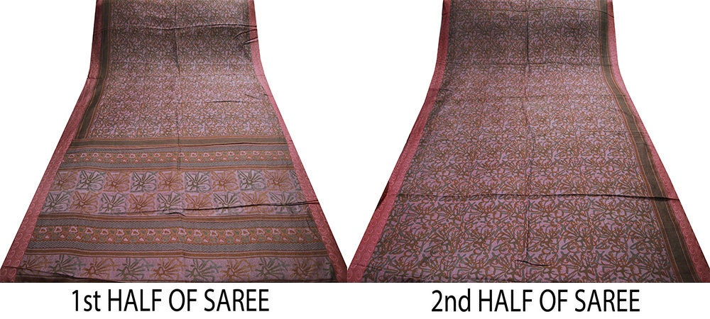Indian Vintage Sari Dusty Purple Pure Silk Printed Saree Fabric 5yd Sewing Craft DressMaking Soft Paisley Design