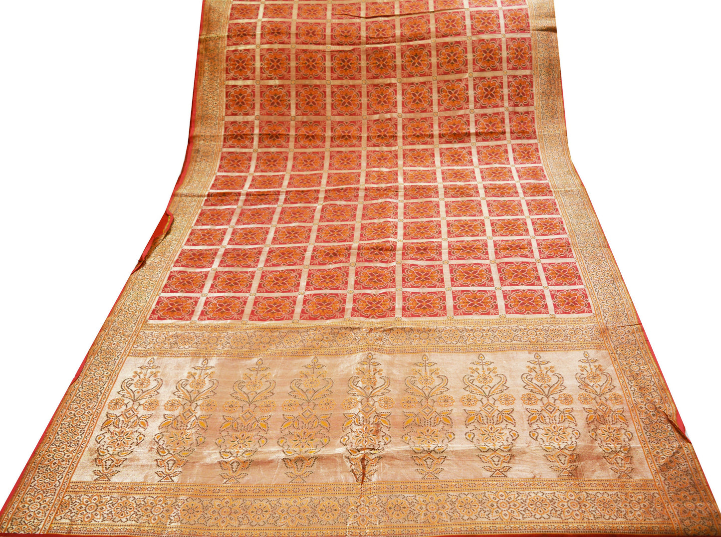 Antique Vintage Sari Red Heavy Wedding Pure Silk Hand Woven Saree Zari 5Yard Craft Fabric FREE EXPEDITED