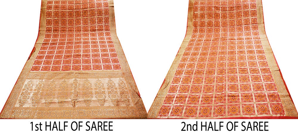 Antique Vintage Sari Red Heavy Wedding Pure Silk Hand Woven Saree Zari 5Yard Craft Fabric FREE EXPEDITED