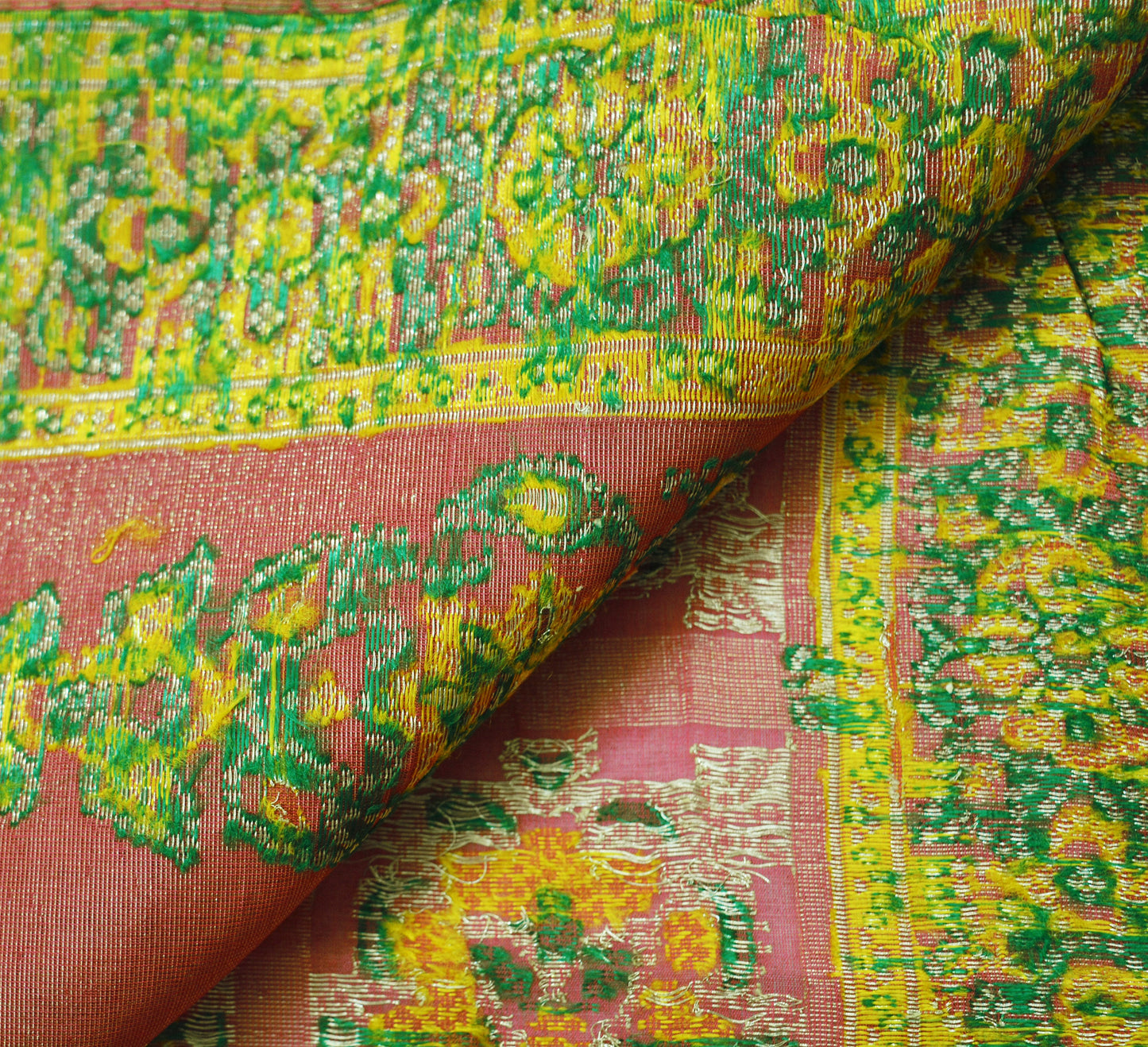 Antique Vintage Sari Red Heavy Wedding Pure Silk Hand Woven Saree Zari 5Yard Craft Fabric FREE EXPEDITED