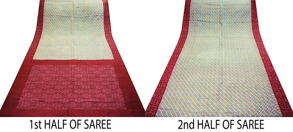Vintage Gray & Red Pure Silk Hand Woven Ikat Saree Indian Sari Fabric 5Yard Craft Ethnic Premium Saree